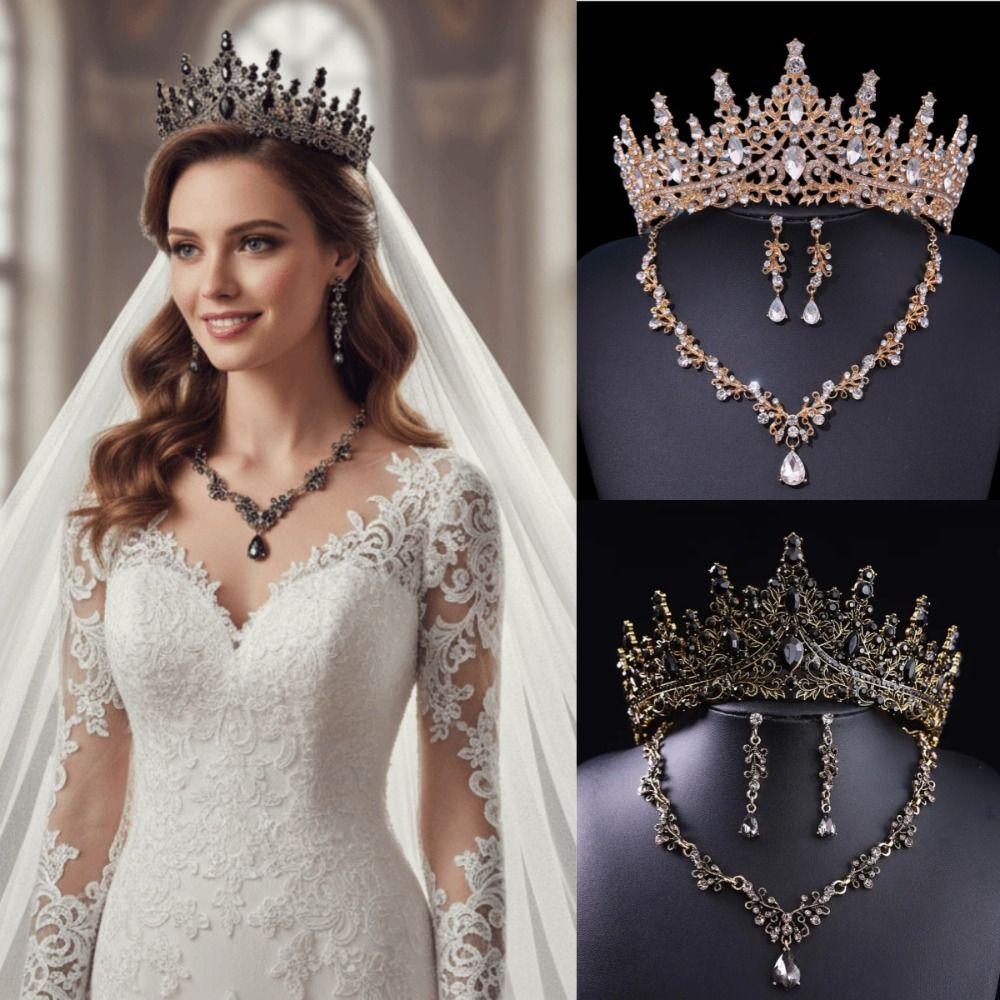 3 Pcs Hair Ornaments Bride Jewelry Sets Metal Necklace Earrings and Crown Sets  Women