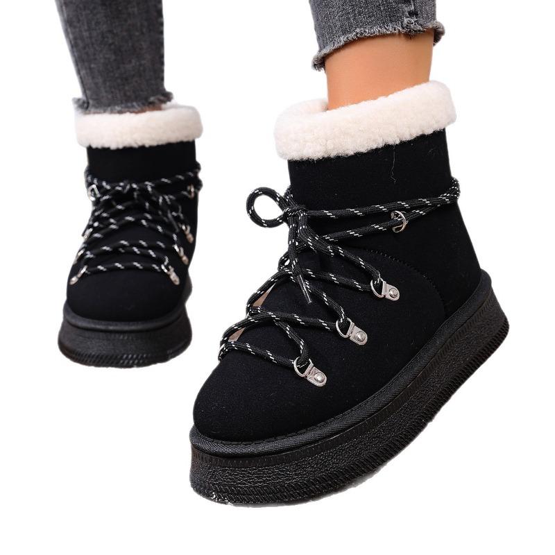 Women's Faux Fur Snow Boots, Metal Detail Slip-On Ankle Boots, Slimming Winter Booties with Lace-Up Option