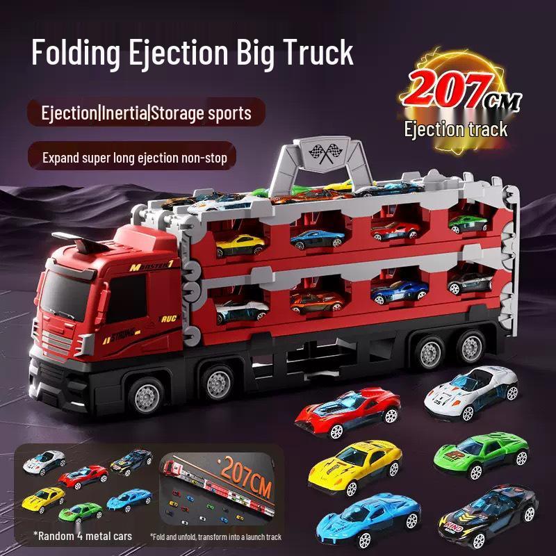 

Игрушечный грузовик-трансформер с хранилищем и треком, выбрасывает маленькие литые машинки - Идеальный подарок для детей