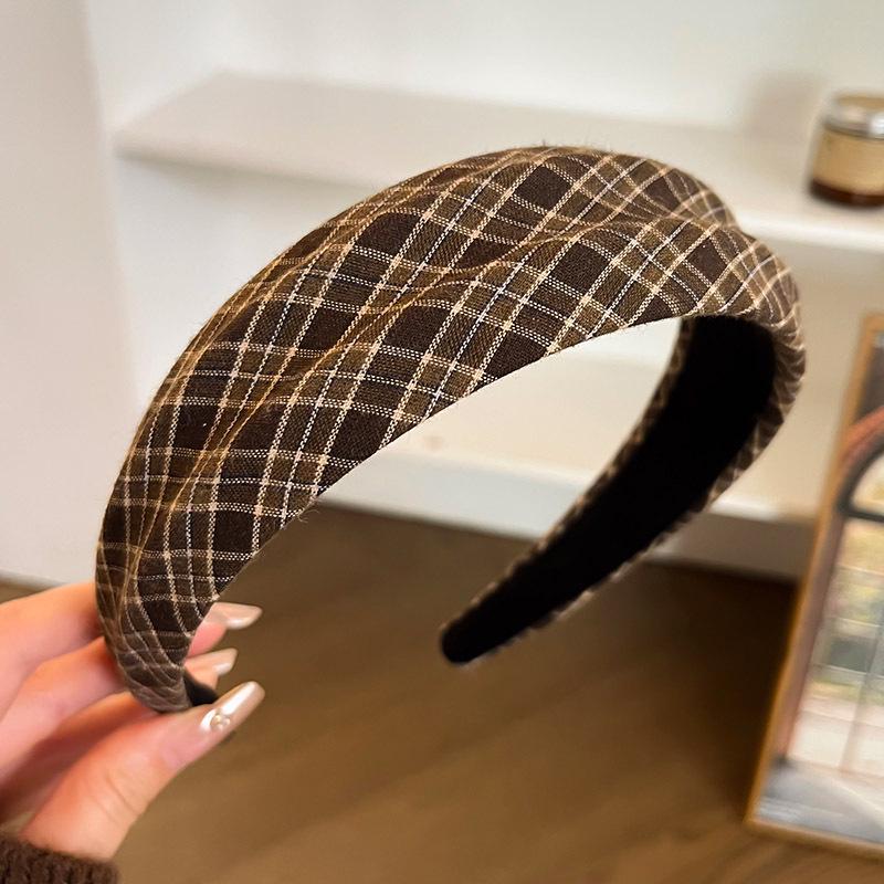 Maillard Retro Plaid Wide-Brim Headband for Women, High Top College Style - 2025 Trend Hair Accessory