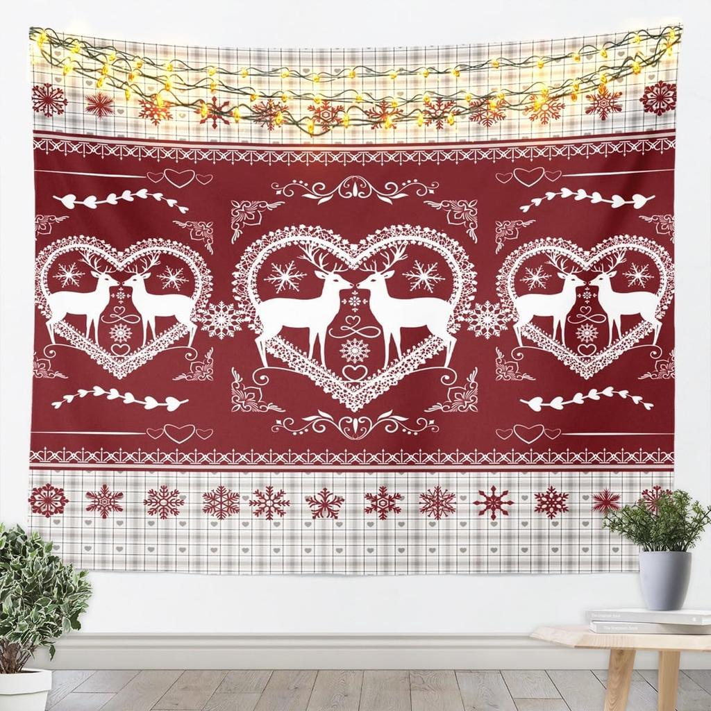 Merry Christmas Tapestry Reindeer Wall Hanging Blanket Damask Pattern Wall Art For Living Room Bedroom Decoration Snowflake