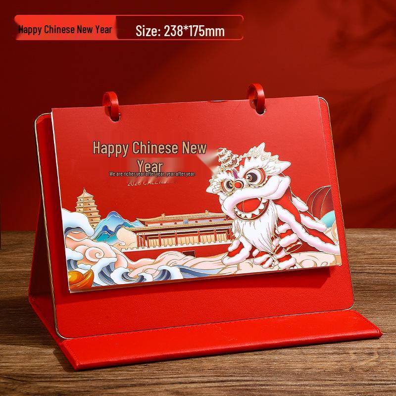 2026 Year of the Horse Leather Desk Calendar with Pen Holder, Custom Logo, Monthly Overview, Multifunctional Office Ornament.