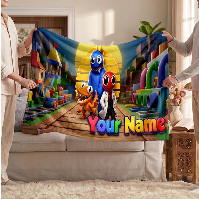 Rainbow Friends Personalized Flannel Blanket, Custom Printed Text Name, Warm Soft Blanket For Couch Bed