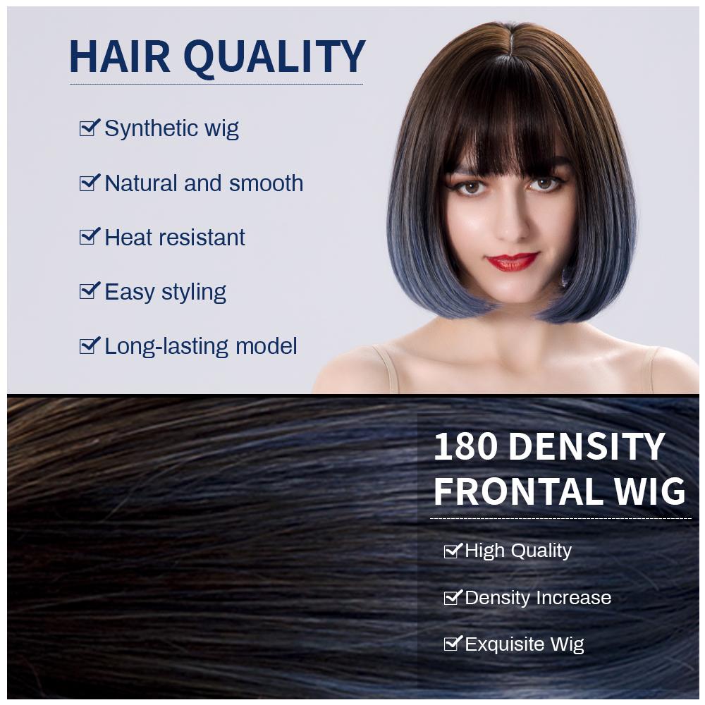Bob Wig Straight Short Black To Blue Ombre Daily Synthetic Wigs For Women With Bangs Nutural  Heat Resistant Fiber Cosplay Hair