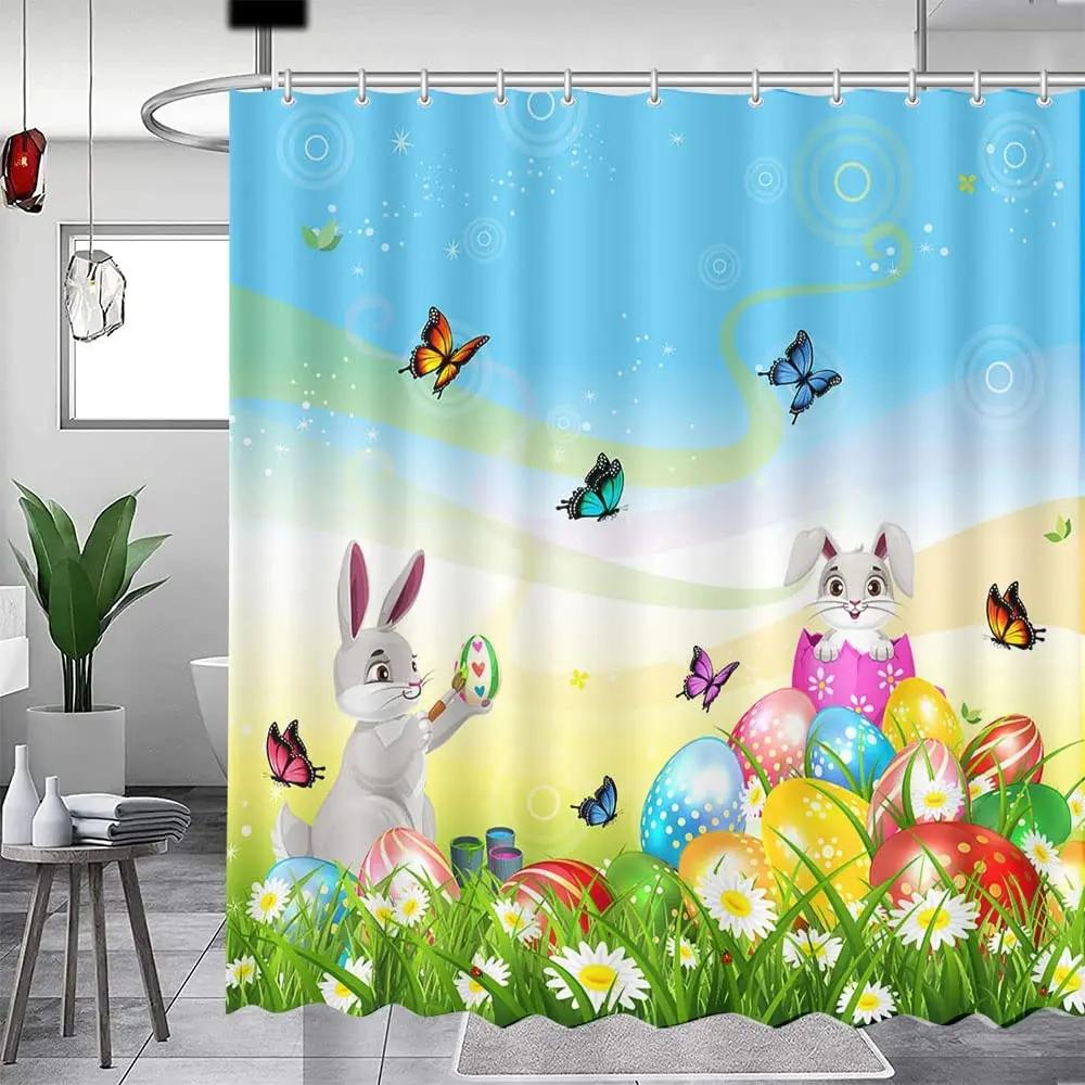 Easter Shower Curtain Set Bunny Rabbit Easter Egg Wooden Bathroom Shower Curtains Polyester Fabric Bath Curtain Decor With Hook