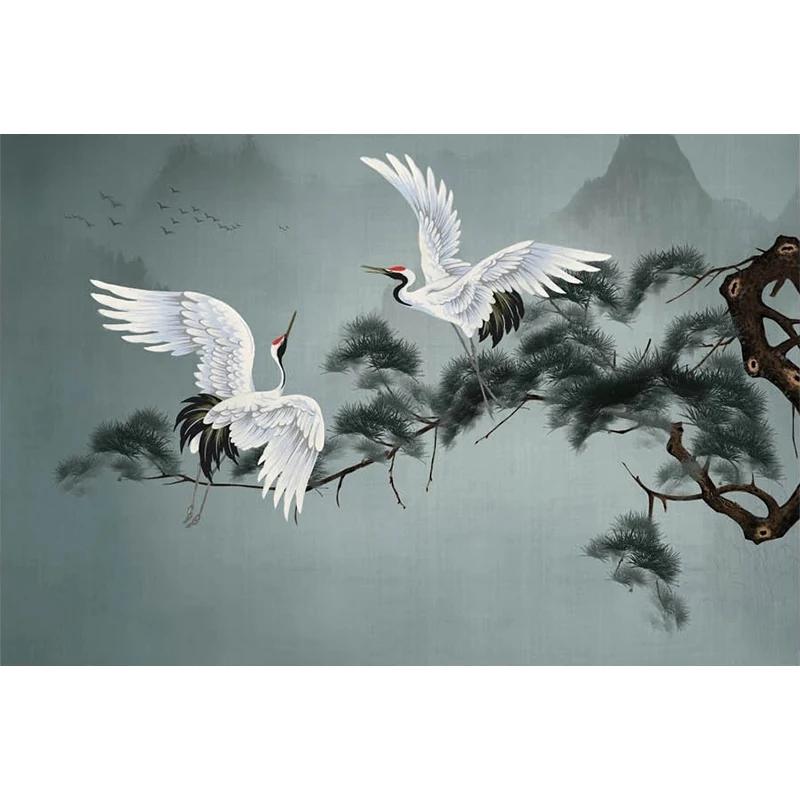 Custom 3D Mural Chinoiserie Wallpaper Pines And Red-crowned Cranes Wall Painting Wall Papers For Living Room Sofa TV Background