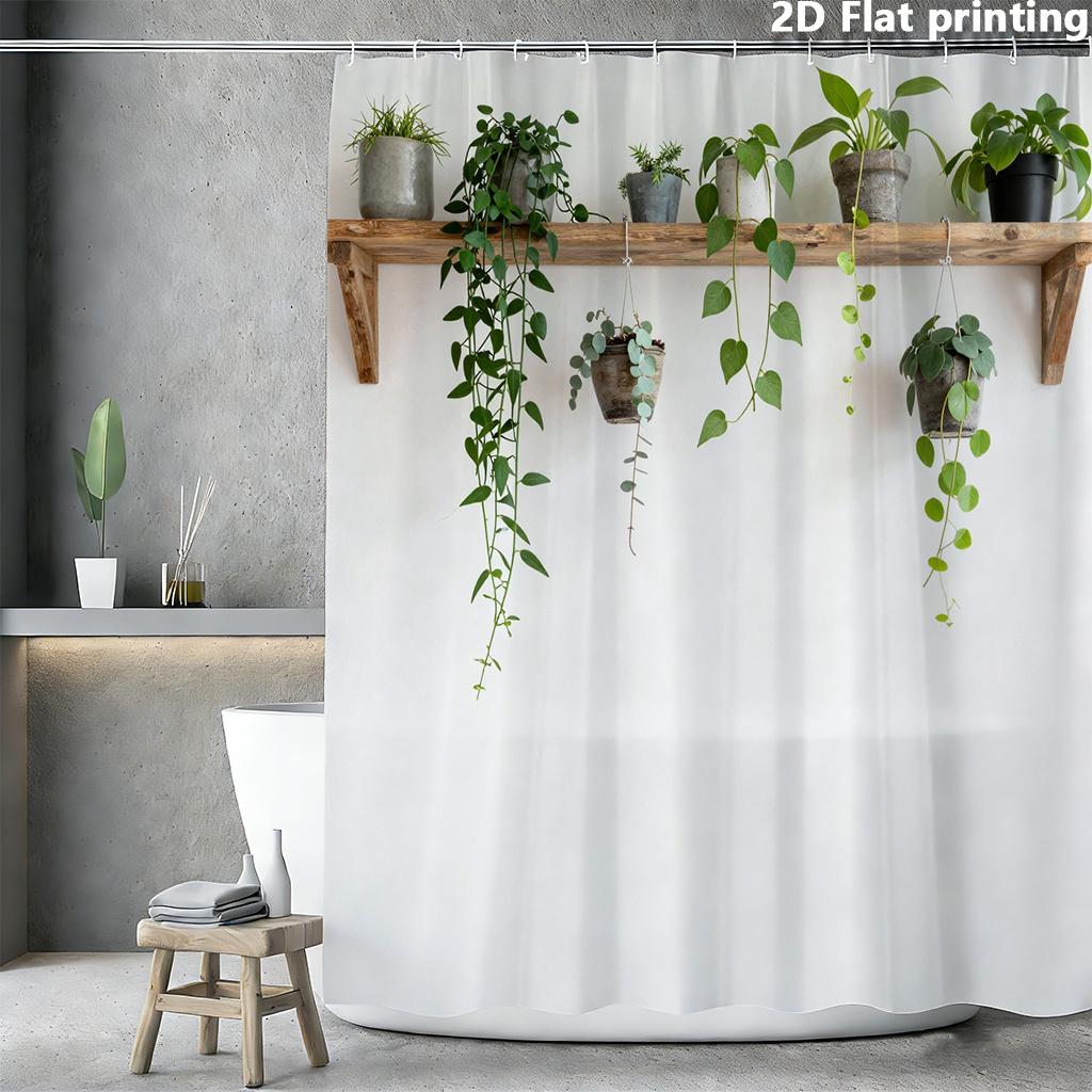 Happy Adults Toys White/Green Hanging Plants Shower Curtain 1Pc Polyester 2D Flat Print 70.8X70.8 Background Foliage Grommet Top
