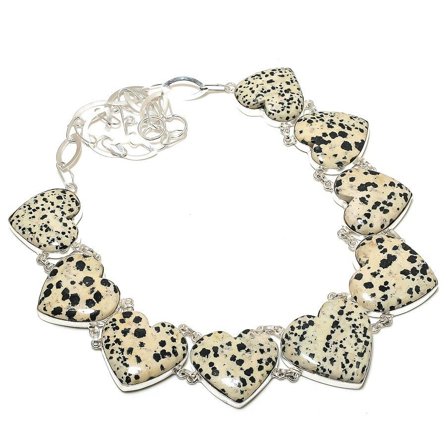 Natural Dalmatian Jasper Necklace 18" Adjustable Chain Silver Tone Heart Jewelry