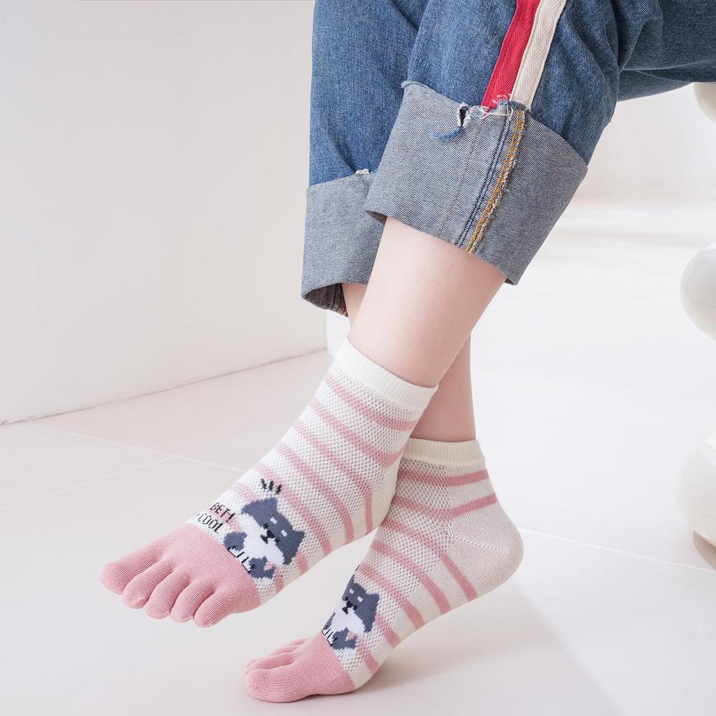 ETARLOS Niedliche Knöchelsocken für dünnes Netz, kurze Hundegrößen, Set, Damensocken mit fünf Zehen, Sommer, Socken, Baumwolle, Atmungsaktiv, Nicht schweißtreibend, Druck, 22-25cm,