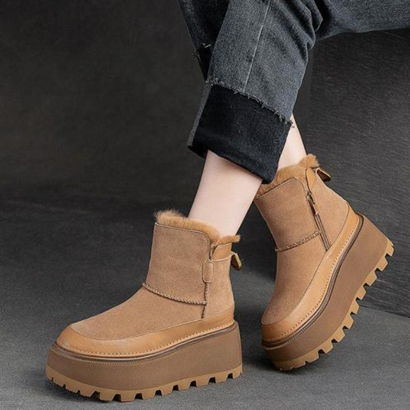 Fashion High Quality 6cm Cow Suede Genuine Leather Autumn Platform Wedge Warm Snow Ankle Boots Winter Women Plush Comfy Booties Shoes