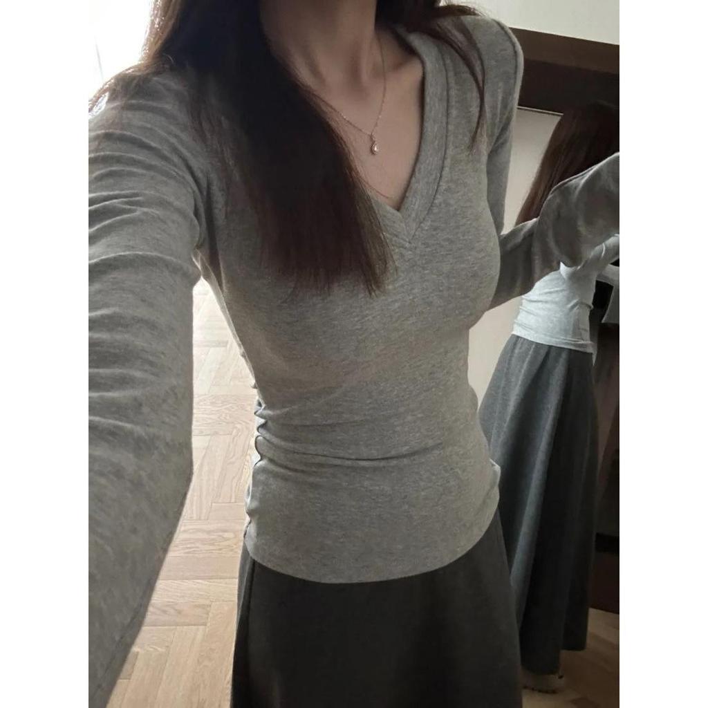 Damen einfarbiges V-Ausschnitt Langarm Bodycon Top - Herbst/Winter 2025