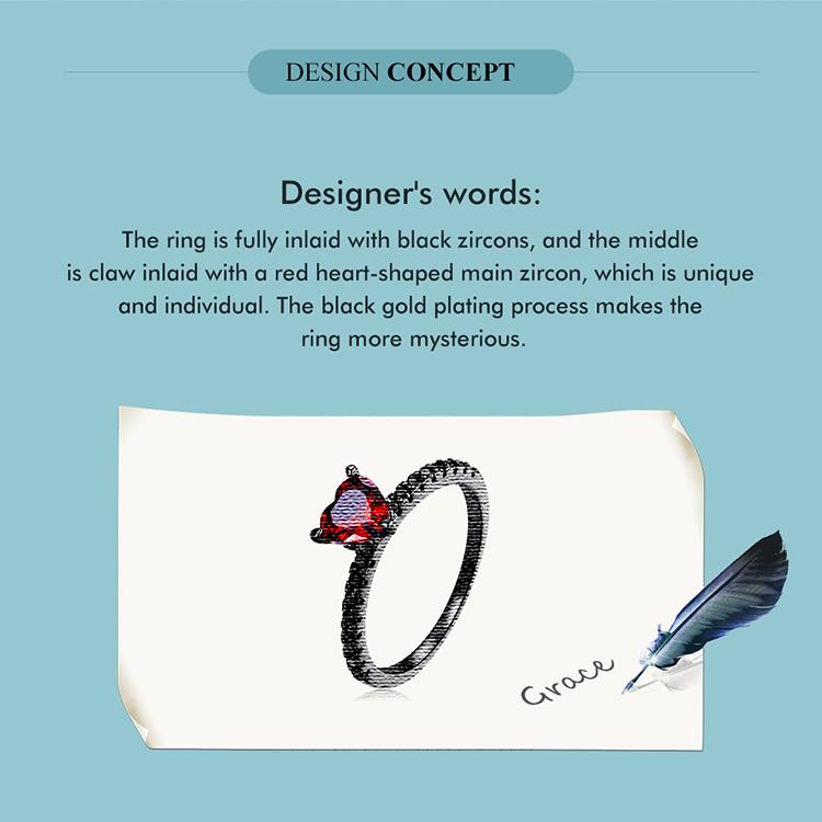 BAMOER 925 Sterling Silver Punk Black Gold Red Heart Crystal CZ Rings For Women Halloween Girl Special Jewelry Gifts