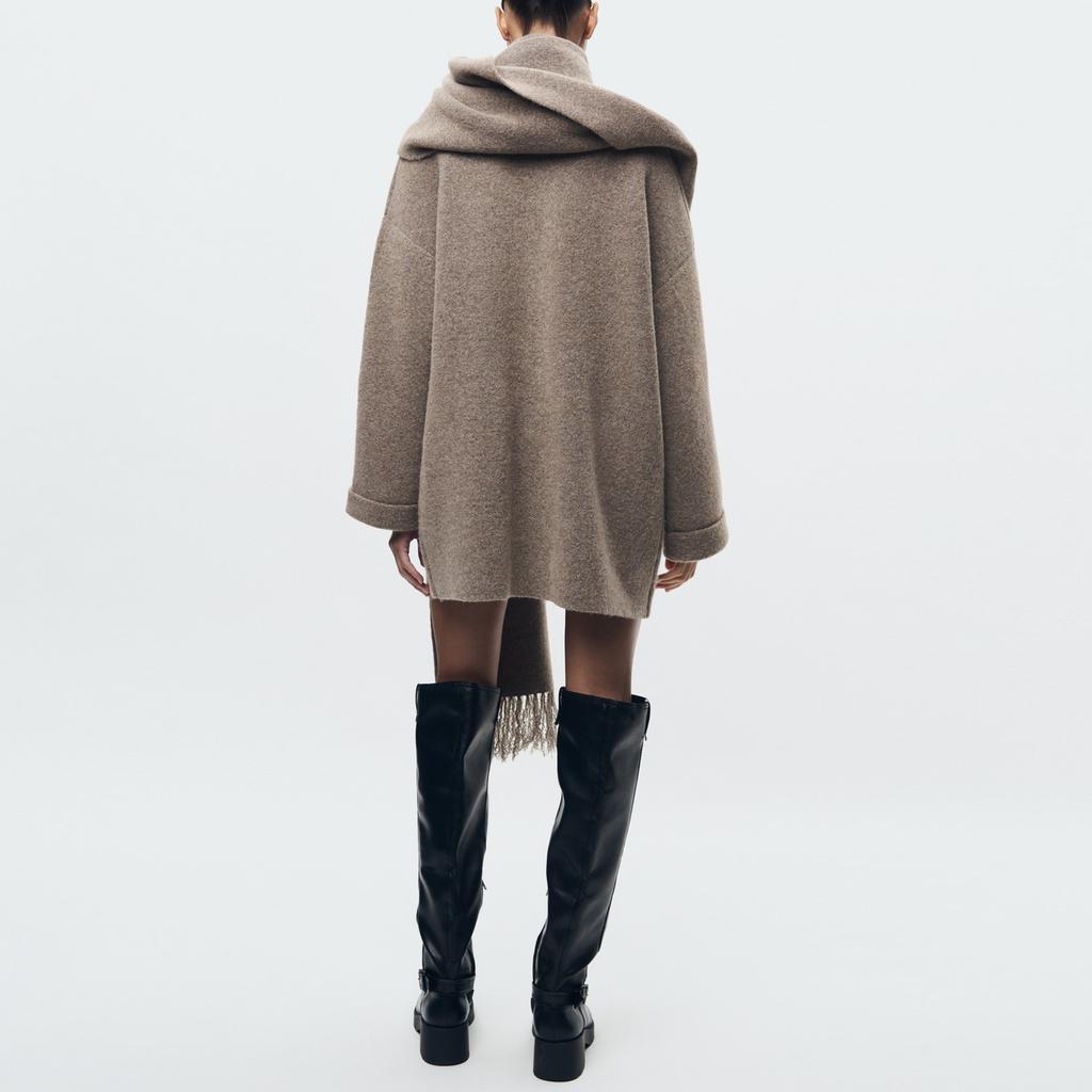 Women's Knitted Cardigan with Scarf Slim Casual Jacket Long Sleeve Patchwork Pocket Jacket Elegant Office Women's Sweater