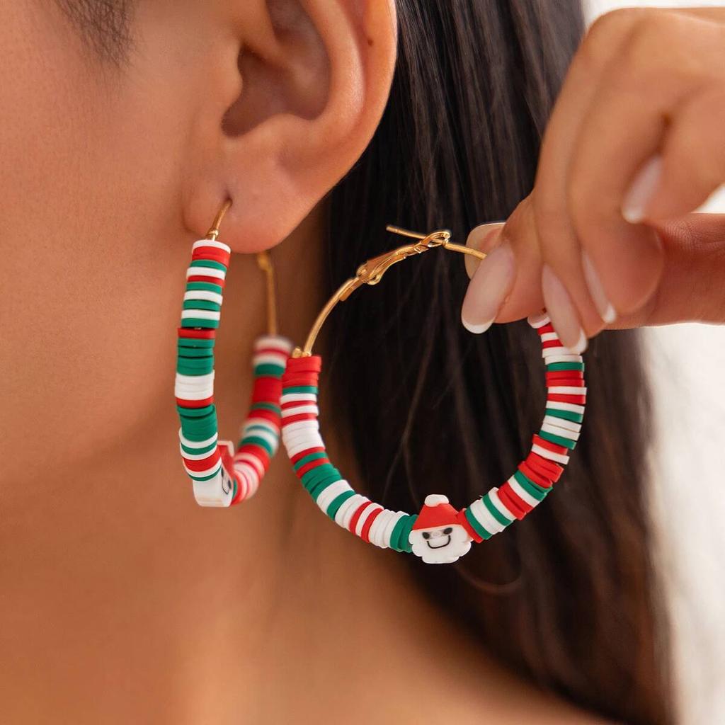Salircon 10 Styles Romantic Cute Colorful Soft Pottery Hoop Earring Women Fashion Christmas Tree Snowman Series Ear Jewelry Gift
