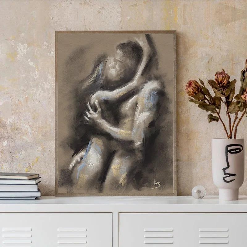 Abstract Couple Kiss Hug Erotic Nude Lovers Embracing Fantasy Sexual Poster Wall Art Pictures Canvas Painting Room Home Decor