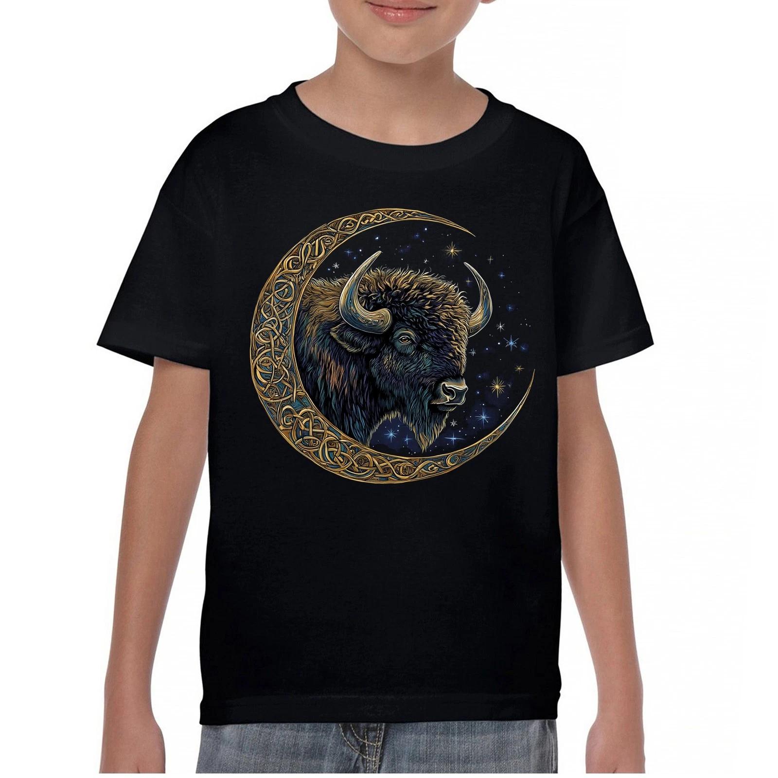 Celtic Moon Bison Youth kids boys T-Shirt Mystical Forest Animal Wildlife Celestial Kids 100
