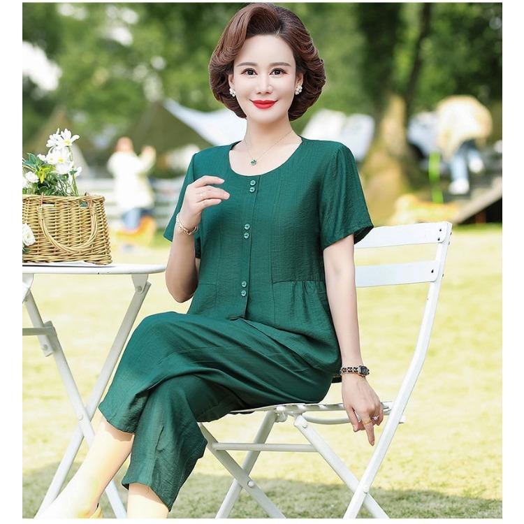 Summer Loose Fit Cotton Linen Two Piece Set for Middle Aged Women Slimming Casual Outfit