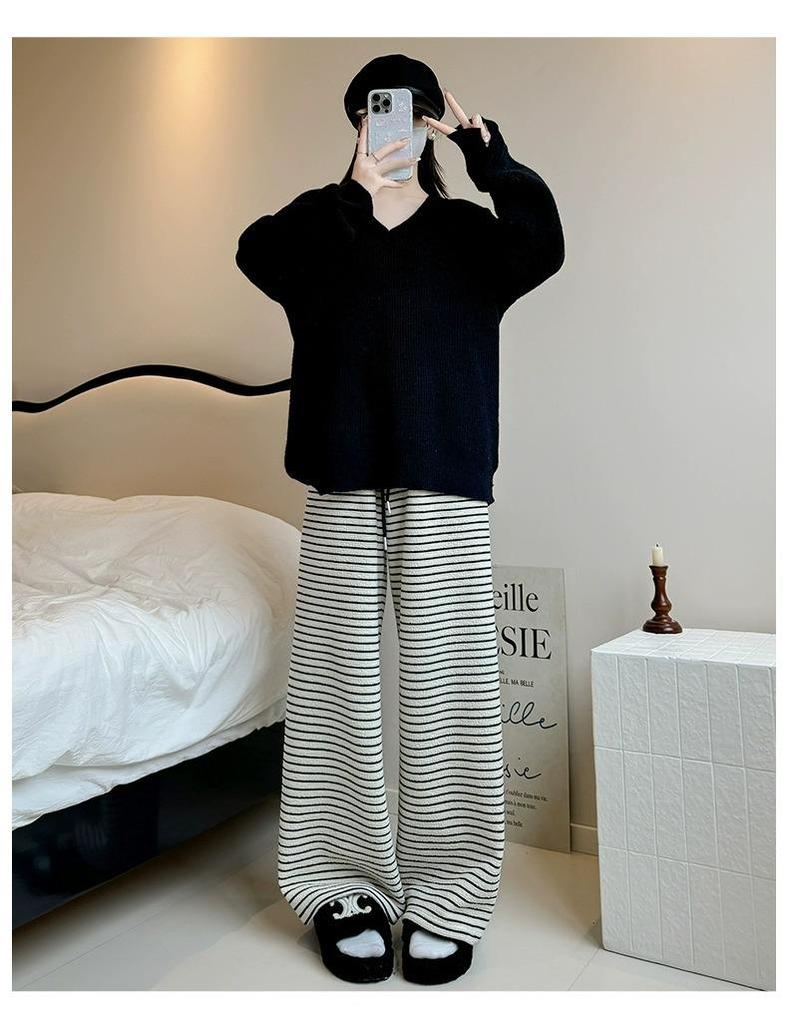 Women's Petite High-Waisted Black & White Striped Wide-Leg Pants - Autumn/Winter Casual Loose Fit with Plus Velvet