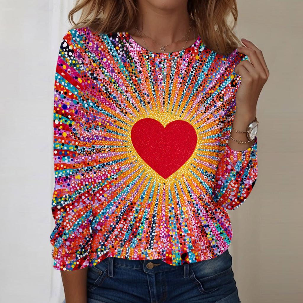 Damski casualowy top z długim rękawem, z nadrukiem walentynkowym, z okrągłym dekoltem