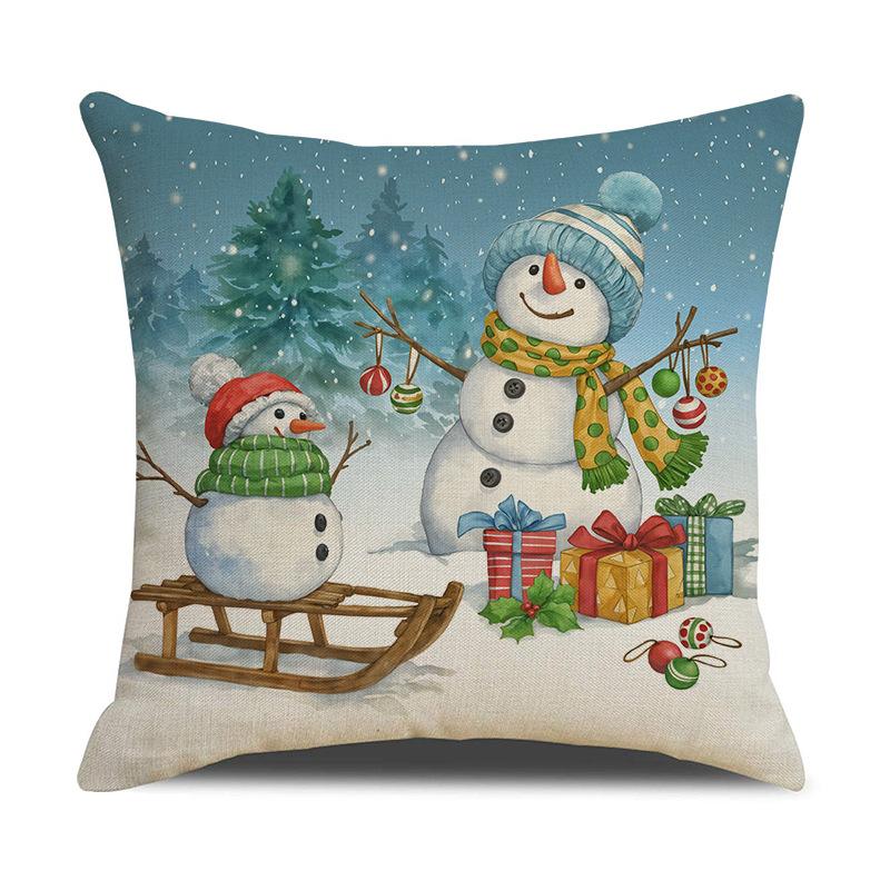 Christmas Snowman Pillow Covers 45Cm Cartoon Print Linen Cushion Case Winter Sofa Throw Pillowcase For Home Holiday Decoration