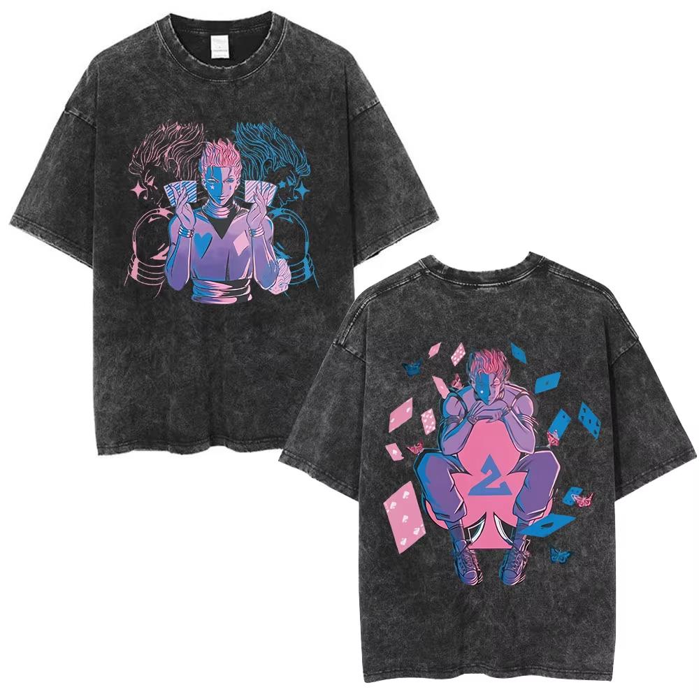 Vintage Washed Anime Hunter X Hunter T Shirts Spider Phantom Troupe Hisoka Chrollo Short Sleeve T-shirt Men Women T-shirt