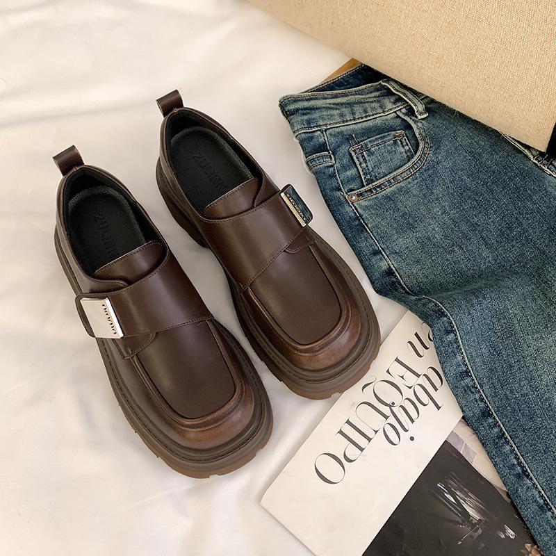 Platform shoes women's spring and autumn new leather retro British style versatile brown square buckle Velcro single shoes