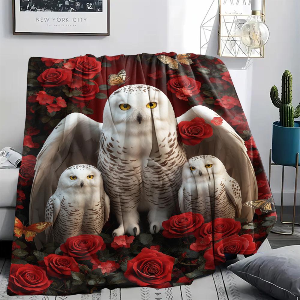 1PC Red Rose Owl Print Flannel Blanket, High Quality All Seasons, Home Decor, Warmth and Comfort, Perfect for Christmas Gifts