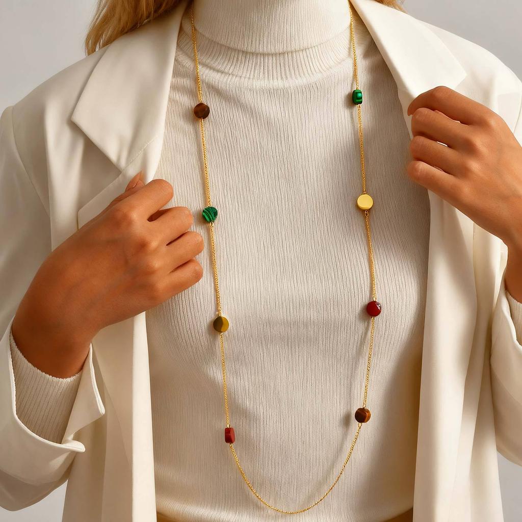 Colored Natural Stone Stainless Steel Necklace Sweater Chain, Wind Dopamine Jewelry Female Nc-2496