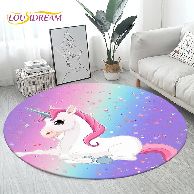 3D Cartoon Cute Unicorn Area Rug Large,Round Carpet Rug for Living Room Bedroom Sofa Decoration,Children Play Non-slip Floor Mat