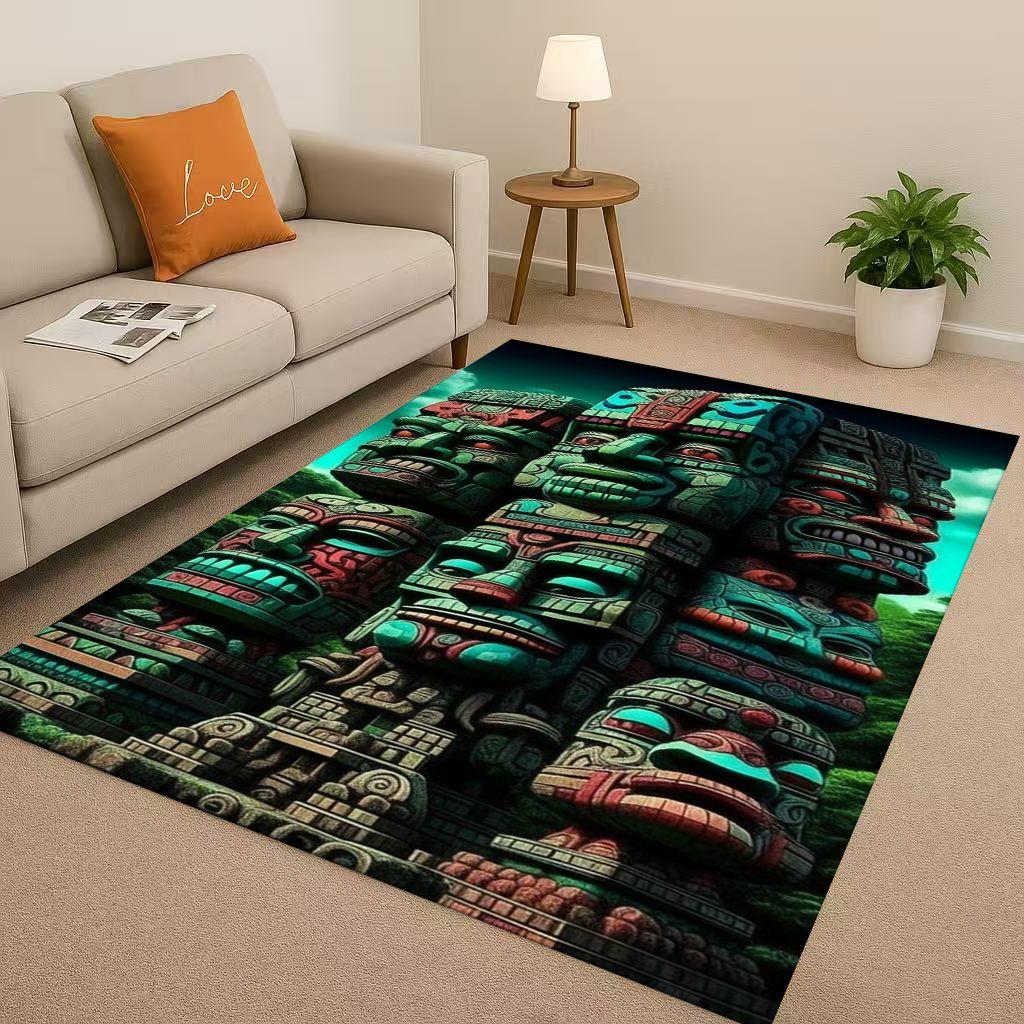 3D Ancient Aztec Totem Maya Mask Sun God Living Room Non-Slip Area Rug Soft Carpet for Bedroom Sofa , Easy Clean Home Doormat