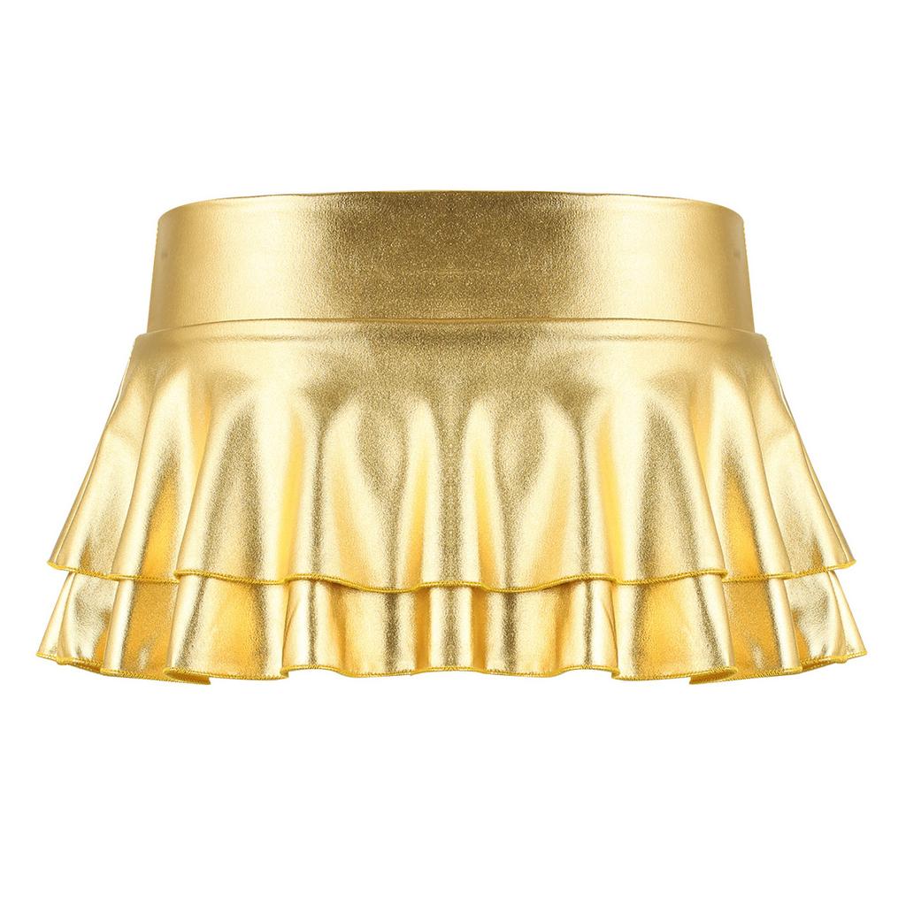 Women Low Rise Double Layered Ruffled Skirt Shiny Metallic Mini Skirt for Rave Party