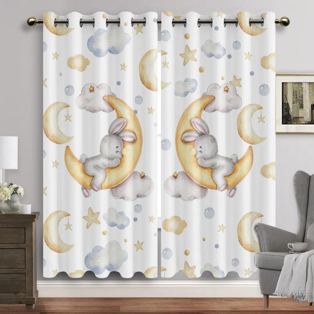 Cartoon Animals Window Curtain Living Room Watercolor Bunny Bear Eyelet Curtains Moon Print New Baby Room Drapes Free Shipping