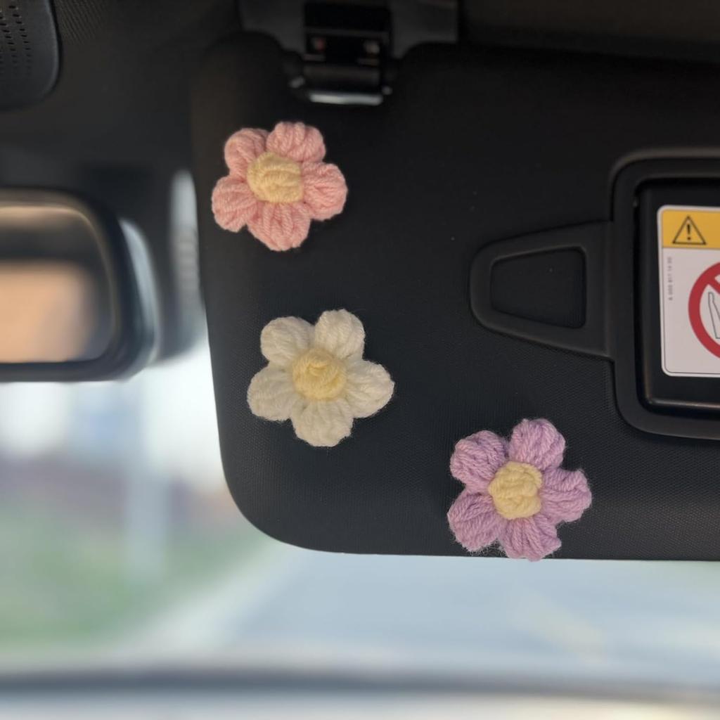 Crochet Flowers Dashboard Decorations, 6Pcs Cute Car Accessories for Women Interior Aesthetic, Handmade Knit Flowers Home Decor