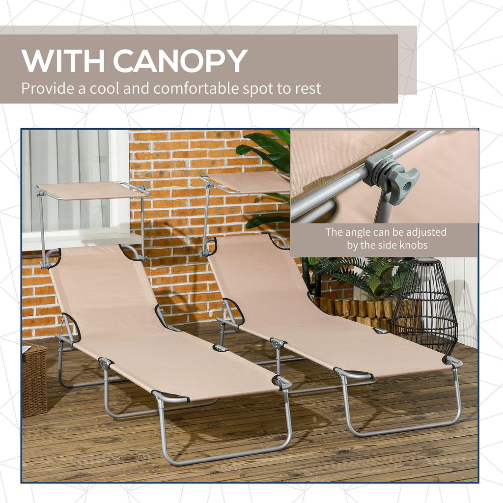 Folding Sun Lounger Set of 2 with Canopy, Reclining Sunbed with 4-Position Adjustable Backrest, 600D Oxford Cloth