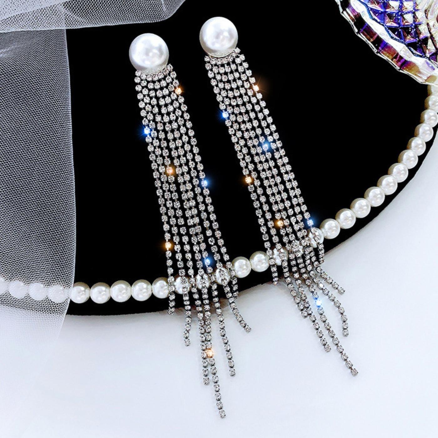 

Temperament Long Pearl Tassel Full Diamond Earrings Women S Exaggerated Light Luxury High-End Stud Earrings