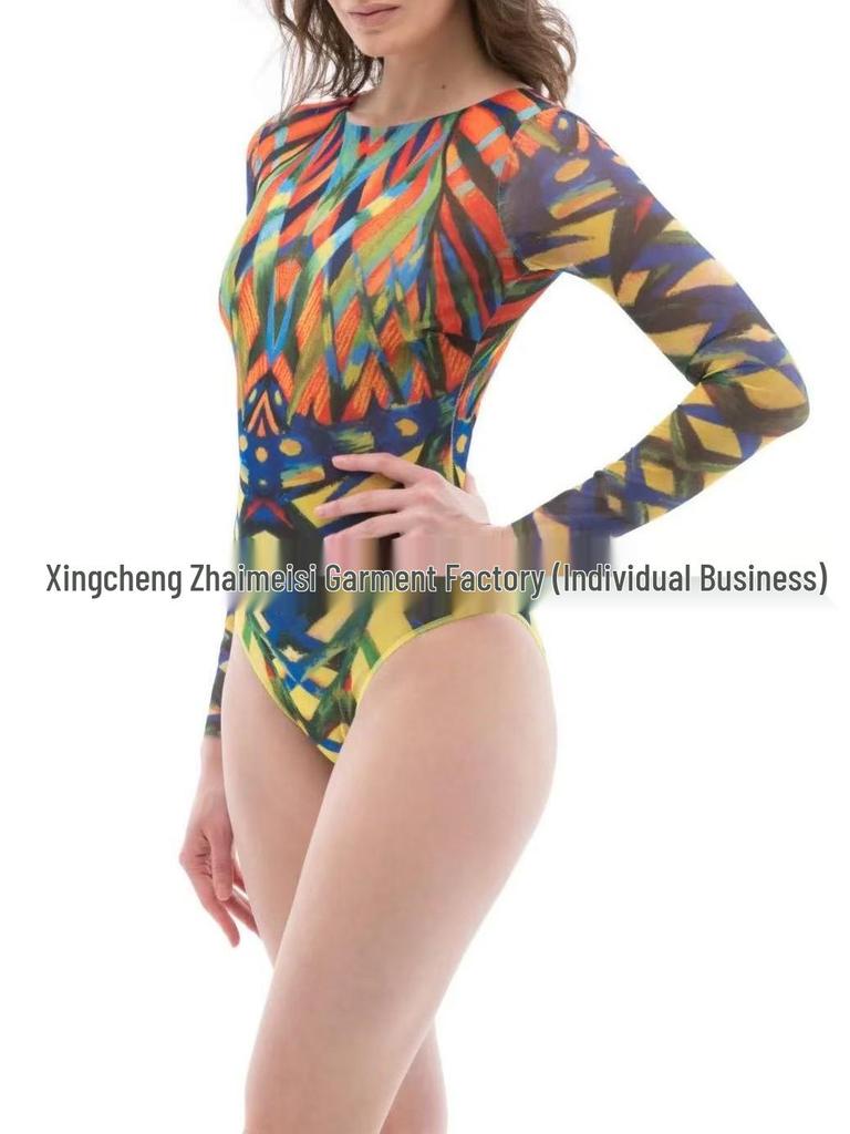 Cross-Border Long Sleeve Floral Swimsuit with Sun Protection and Mesh Bikini for Women