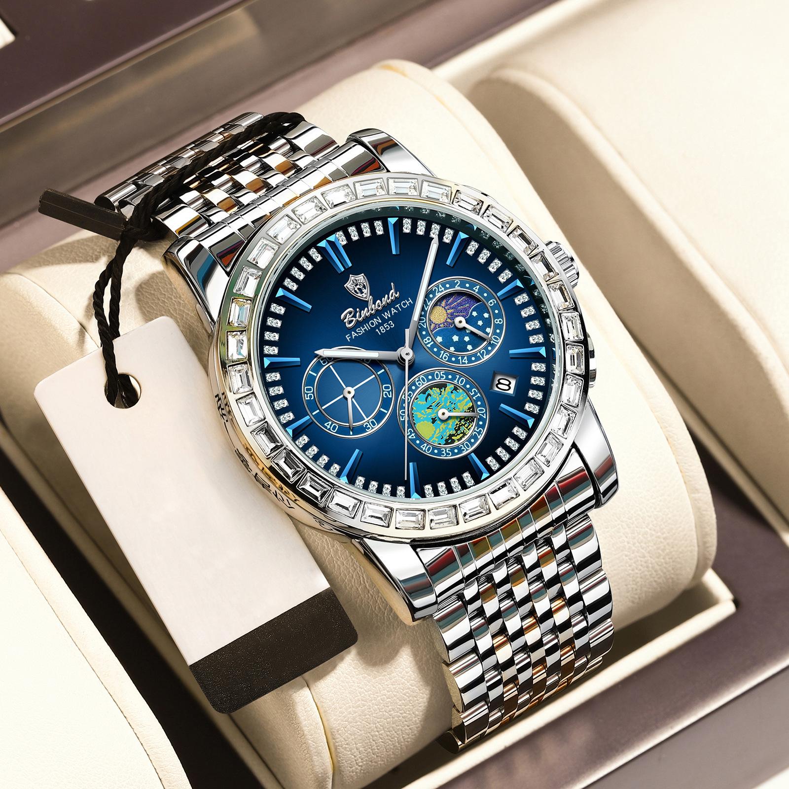 Binbang Men s Quartz Waterproof Luminous Stainless Steel Multifunctional Automatic Watch