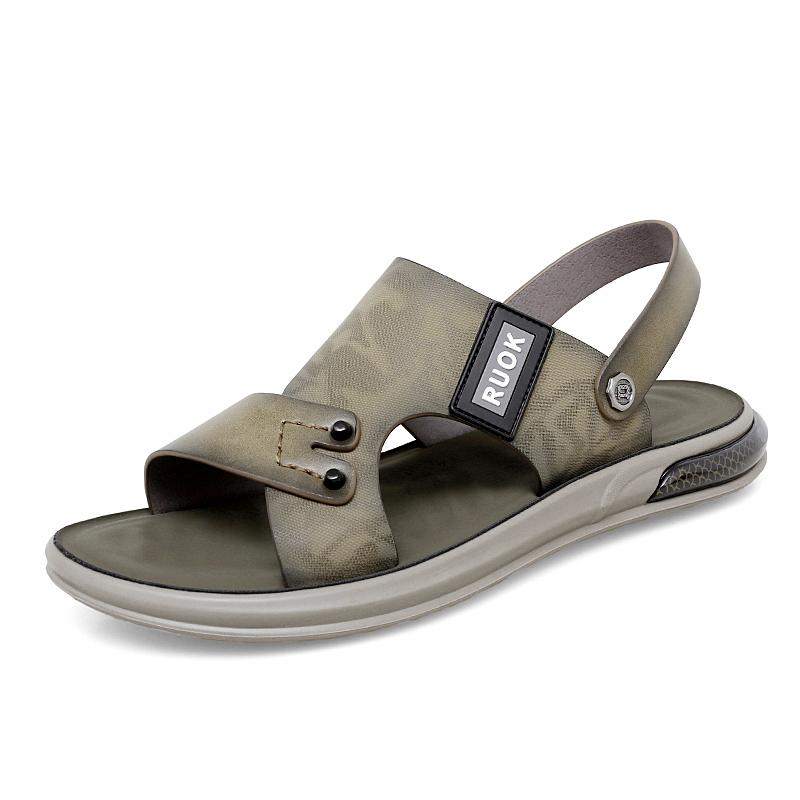 Men Leather Two ways Wear Sandals Male Beach Solid Sewing Leisure Slippers Summer New Skin Friendly Wear-resistant Shoes