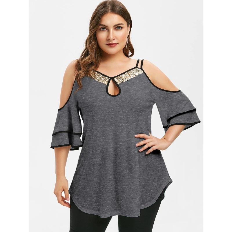 Womens Plus Size Cold Shoulder T Shirt Sequin Detail Ruffle Sleeve Keyhole Top