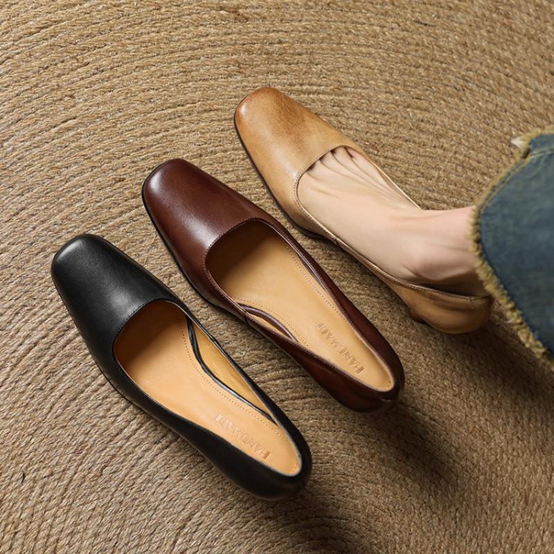 New Leather Women's Single Shoes, Comfortable Square Head, Four-season Wear Women's Shoes, High Heels, Small Leather Shoes, Thin Heels, Beef Tendon