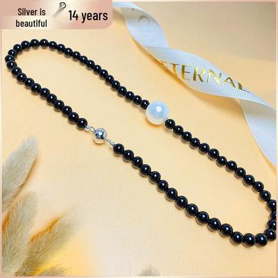 Black & White Melody Necklace: 925 Sterling Silver Clasp, Natural Black Agate & Shell Pearl, Elegant Women's Gift