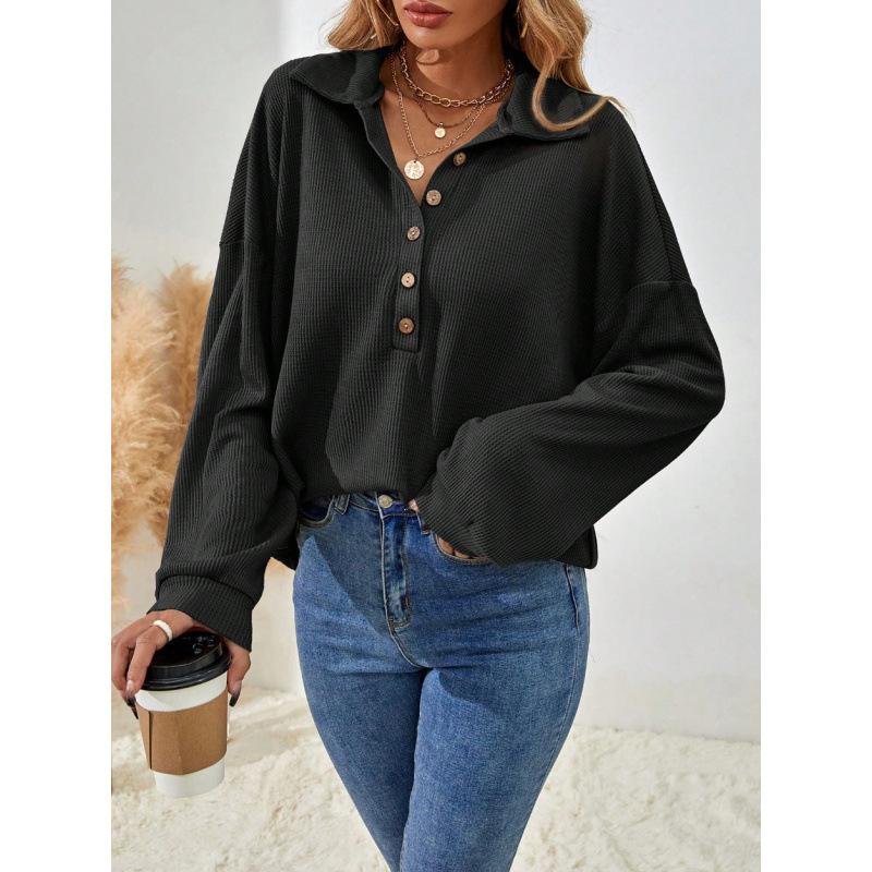 Autumn Winter Turn Down Collar Casual Fashion Sweatshirt Women Solid Color All-match Buttons Pullover Top