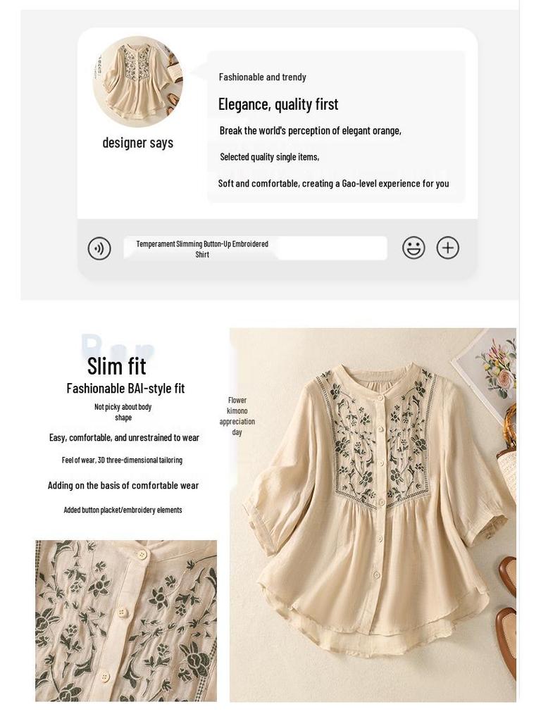 2025 Women's Retro Linen Shirt: Elegant Stand Collar, Single-Breasted, Embroidered Design