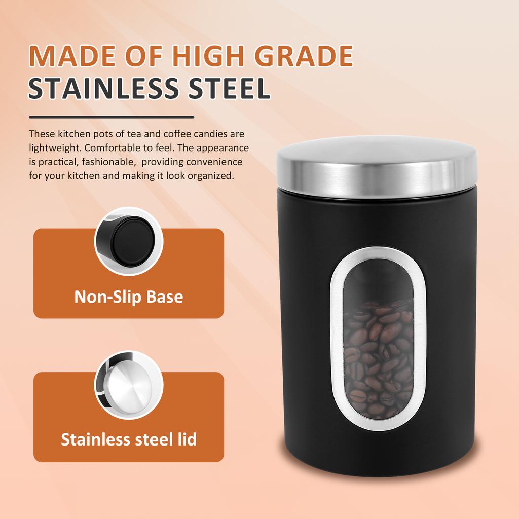 Airtight Coffee Canister Stainless Steel Food Storage Canisters with See Window Coffee Tea Sugar Container Set with 3 Spoons