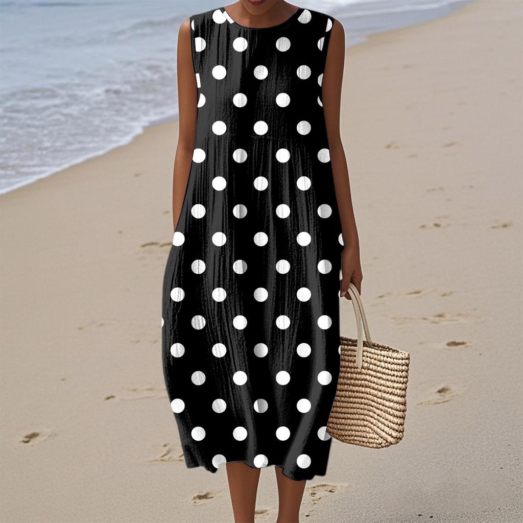 Women's Fashion Casual Sleeveless Round Neck Polka Dot Striped Elegant Temperament Dress