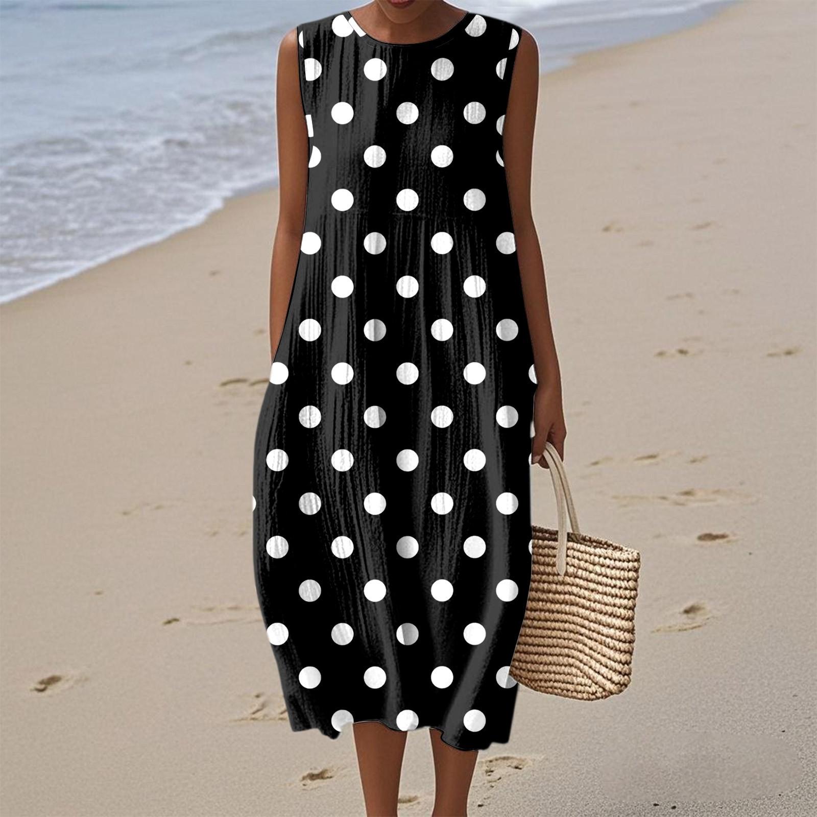 

Women s Fashion Casual Sleeveless Round Neck Polka Dot Striped Elegant Temperament Dress S