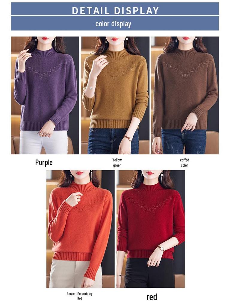Women's Thick 100% Pure Wool Half-High Collar Sweater - New Autumn/Winter Style for Middle-Aged and Elderly