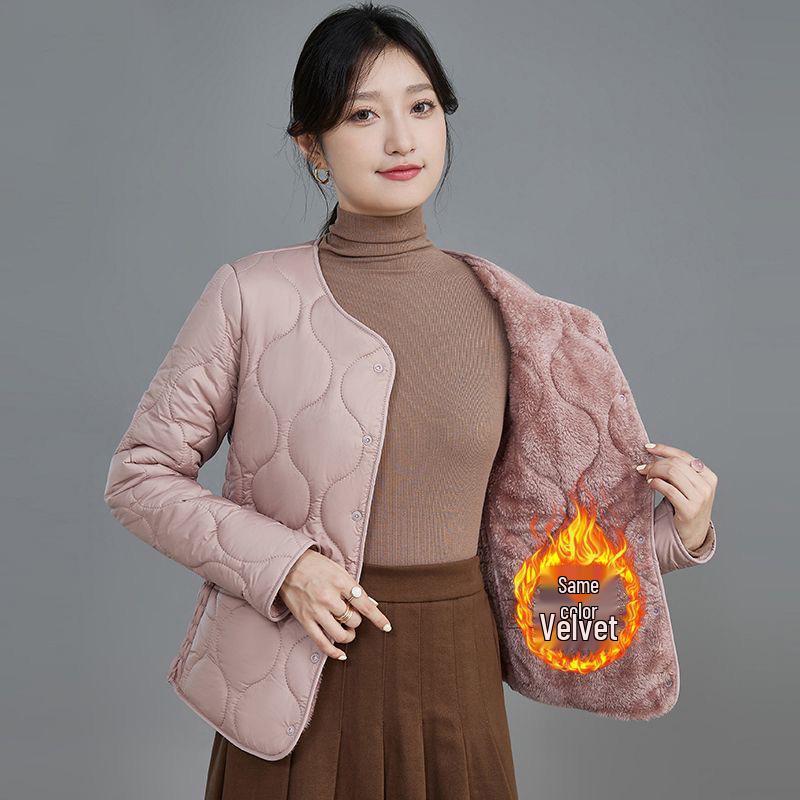 Winter 2025 Women's Slim Fit Velvet-Lined Cotton Jacket - Fashionable, Warm, and Short Style for Mid-Aged Cold Protection.