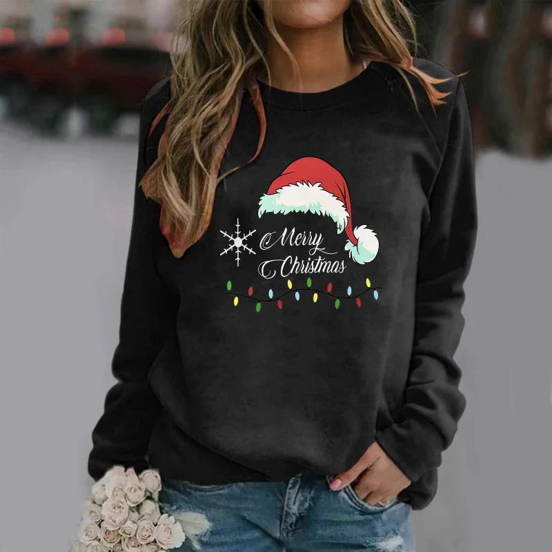 Women's Christmas Pattern Print Long Sleeve Round Neck Hoodie