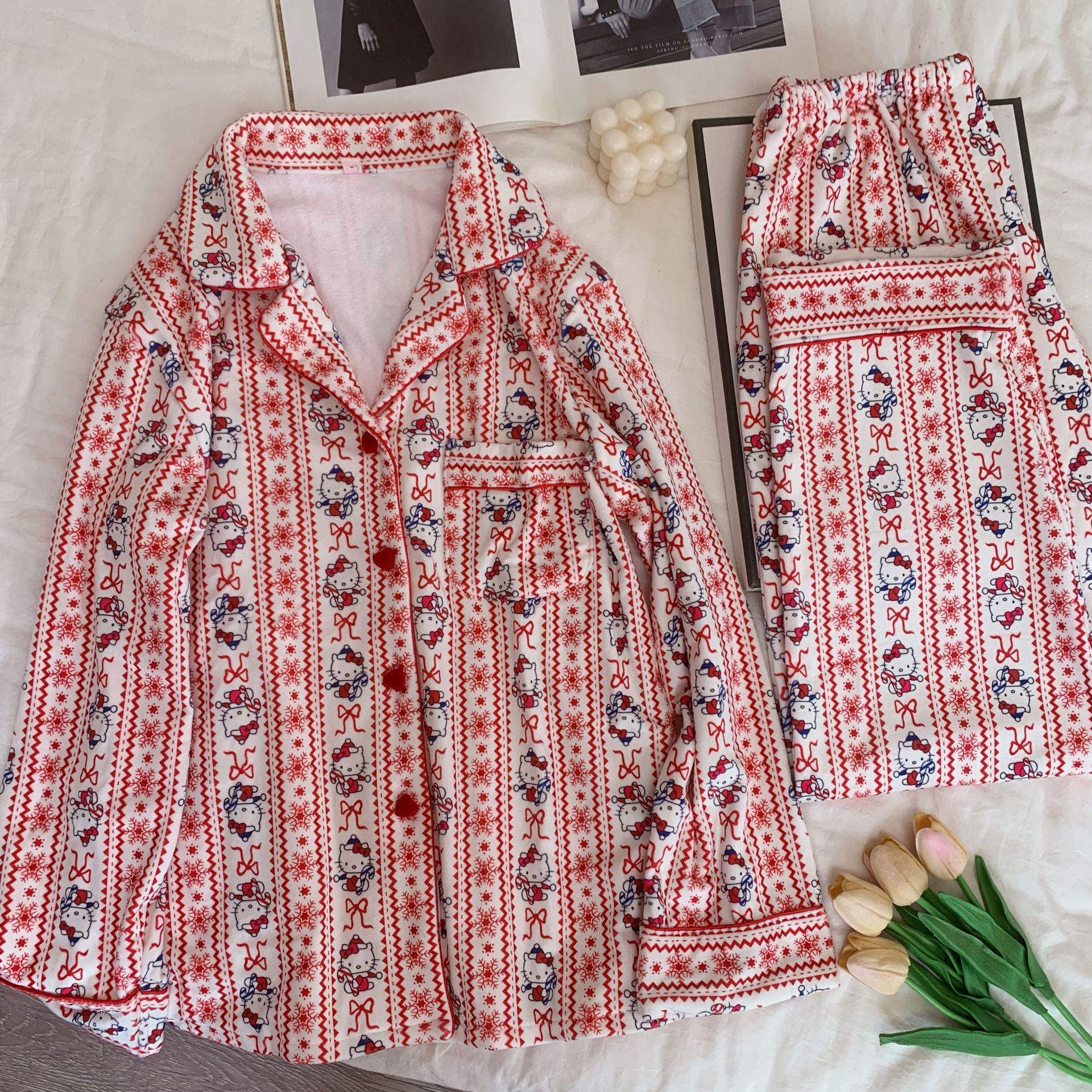 

Sea Island Velvet Winter Fleece Pajamas: Long Sleeve, Long Pants, Cartoon, Christmas Red, Warm and Thickened Homewear L червоний